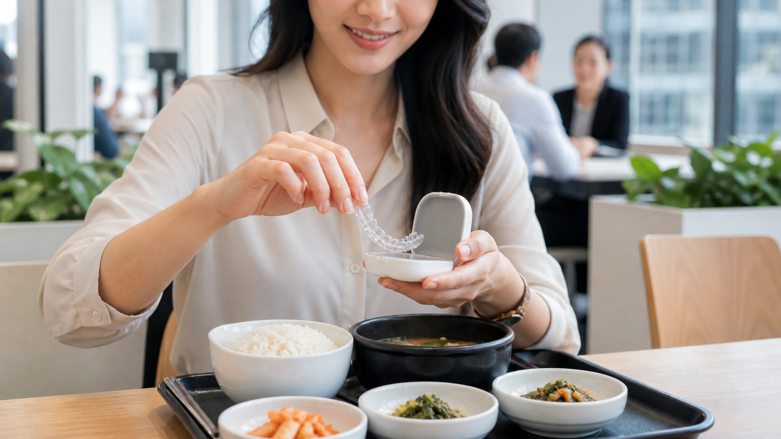 식사 전에 틀을 빼서 케이스에 넣는 모습, 이해를 돕기 위해 AI로 만든 이미지입니다
